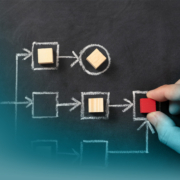 Agiles Change Management: Eine Hand platziert einen roten Würfel in einem mit Kreide gezeichneten Prozessdiagramm auf einer Tafel, das Workflows und Abläufe visualisiert.