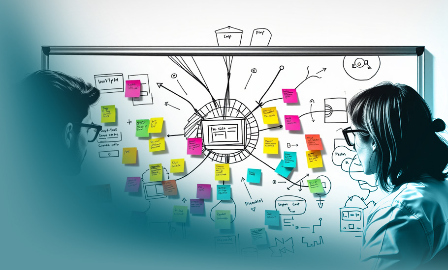 Multiprojektmanagement: Zwei Projektmanager analysieren ein komplexes Whiteboard mit bunten Haftnotizen und Diagrammen zur Optimierung ihrer Projektabläufe.